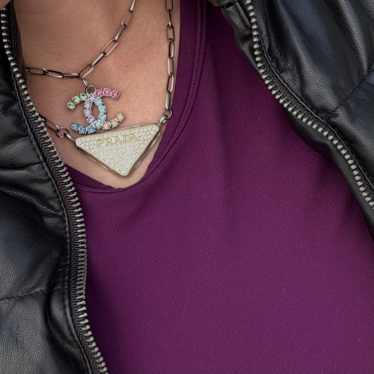 Necklace, Rhinestone Logo Tag